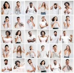 The collage of faces of surprised people on white studio backgrounds. Human emotions, facial...