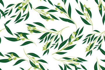 Hand Drawn Eucalyptus Seamless Pattern. Vintage Background with Beautiful Vector Eucalyptus Palm Fern, Green Leaves, Tropical Foliage. Eucalyptus Seamless Pattern for Wedding Design, Textile, Print.