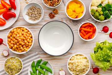 Healthy meal. A set of products for preparing a healthy vegan and nutritious salad, Buddha bowl,  top view. Healthy diet and eating concept