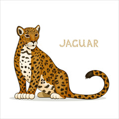 Vector illustration, a cartoon jaguar, isolated on a white background. Animal alphabet. - obrazy, fototapety, plakaty