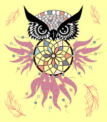 Boho style colored owl with tribal arrows. Bohemian tribal owl with a dream catcher. Totem owl.