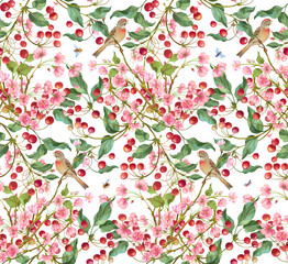 Cherry tree with flowers, berries, birds and insects. Seamless background pattern version 1