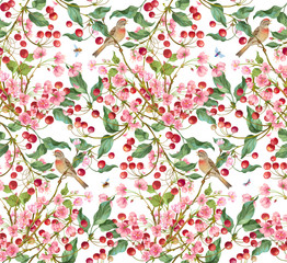 Cherry tree with flowers, berries, birds and insects. Seamless background pattern version 1
