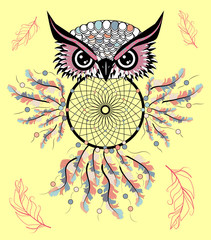 Boho style colored owl with tribal arrows. Bohemian tribal owl with a dream catcher. Totem owl.