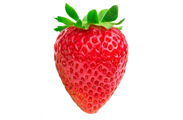 One ripe strawberry with green leaves