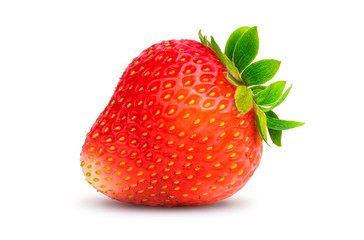 One ripe strawberry with green leaves