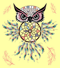 Patterned owl on the grunge background. African indian totem tattoo design.