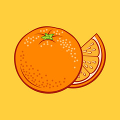 Illustration of Juicy Stylized Whole and Slice Orange. Icon for Food Apps and Stickers on a Yellow Background