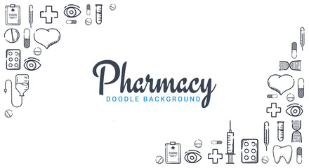 Pharmacy and Medical banner with doodle background. Pills, Vitamin tablets, medical drug. Vector Illustration.
