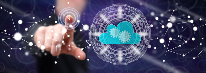 Man touching a cloud technology concept