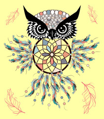 Artistic owl with Dreamcatcher. Graphic arts, dotwork.
