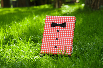 a festive box in a red-white cage with a black costume bow tie. Boxed Suit