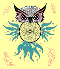 Artistic owl with Dreamcatcher. Graphic arts, dotwork.