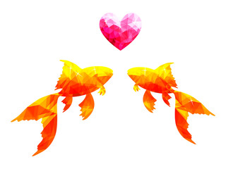 Two orange goldfishes with pink heart in low poly style isolated on white background, Bright yellow fish swimming, Glitter gold pet vector illustration