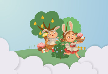 Little girl smile running hunting decorative chocolate egg in easter bunny costume ears and tail vector illustration, spring holiday fun isolated on white, baby run with paschal basket for eggs hunter