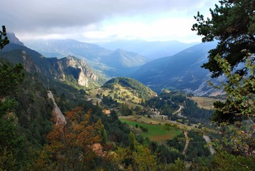Pyrenees Mountain road and landscapes. Solsona Tuixen Spain