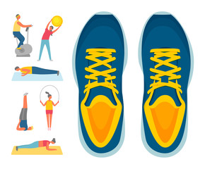 Sport and exercise, sport footwear or sneakers and fitness vector. Exercise bike and bending over with ball, push-ups and aerobics, plank and jumping rope