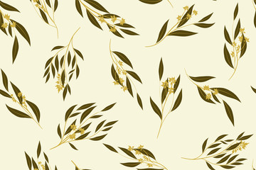 Autumn Seamless Pattern with Eucalyptus Leaves. Foliage Natural Branches. Decorative Background in Vintage Style. Seamless Eucalyptus Pattern for Fabric, Textile, Wrapping Paper, Cloth, Dress, Print.