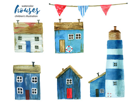 A set of children's illustrations. House, lighthouse and the sea. Watercolor illustration