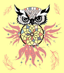 Dreamcatcher. Owl. Tattoo art, mystic symbol. Abstract feathers.