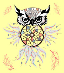 Dreamcatcher. Owl. Tattoo art, mystic symbol. Abstract feathers.