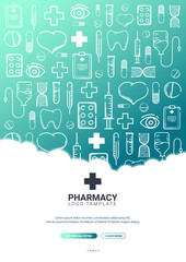Fototapeta na wymiar Pharmacy and Medical banner with doodle background. Pills, Vitamin tablets, medical drug. Vector Illustration.