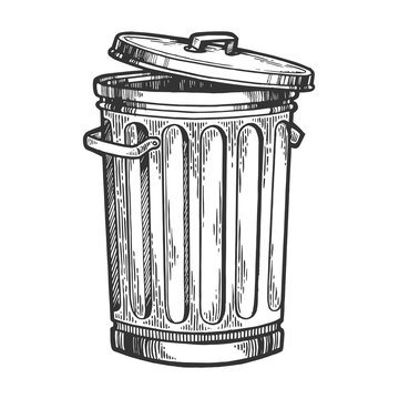 Metal trash can sketch engraving vector illustration. Scratch board style imitation. Hand drawn image.