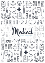Pharmacy and Medical banner with doodle background. Pills, Vitamin tablets, medical drug. Vector Illustration.