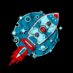 Retro rocket, planet, stars, flying, grunge style
