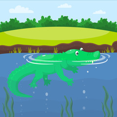 Obraz na płótnie Canvas Crocodile in the lake. Happy cute cartoon alligator in the blue swamp or pond. Green reptile is swimming in the water of a river. Vector illustration for kids. 