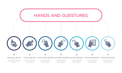 simple illustration set of 7 vector blue icons such as fleck left gesture, flick down gesture, flick left gesture, _icon4, flick to left up hand and a bottle. infographic design with 7 icons pack