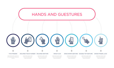 simple illustration set of 7 vector blue icons such as cross finger, luck, double tap gesture, drag down gesture, _icon4, enlarge gesture, enlarge touch screen five fingers. infographic design with