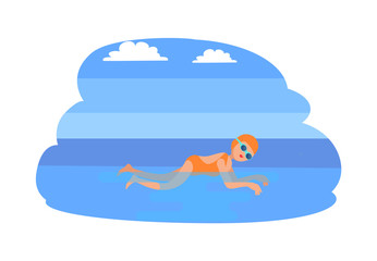 Breaststroke female in sea water isolated vector. Stroke performed by experienced sportswoman, woman wearing swimsuit swimming. Training sport expert