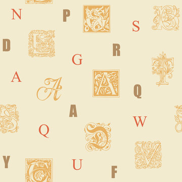 Vector seamless pattern with capital letters and hand drawn initial letters on a beige backdrop. Repeating background with alphabet letters. Can be used as wallpaper, wrapping paper or fabric