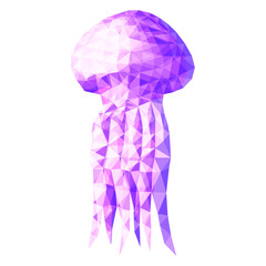 Violet jellyfish isolated on white background, modern poster, bright blue low poly swimming jellyfish vector illustration