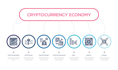 simple illustration set of 7 vector blue icons such as chains, circuit, coin, _icon4, crypto invest, crypto key, crypto records. infographic design with 7 icons pack