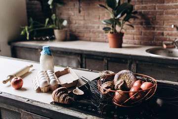 Products on the kitchen table.