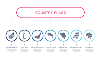 simple illustration set of 7 vector blue icons such as ukraine flag, netherlands flag, belgium flag, _icon4, united arab emirates chile south africa infographic design with 7 icons pack