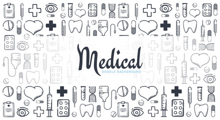 Pharmacy and Medical banner with doodle background. Pills, Vitamin tablets, medical drug. Vector Illustration.