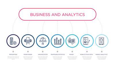 simple illustration set of 7 vector blue icons such as mobile analytics, mobile stock data, money, _icon4, organization, paper shder, percentage. infographic design with 7 icons pack