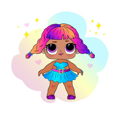 Character girl in blue summer dress. Vector illustration