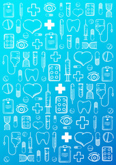 Medical hand-draw doodle background. Pills, Vitamin tablets, medical drug. Vector Illustration.