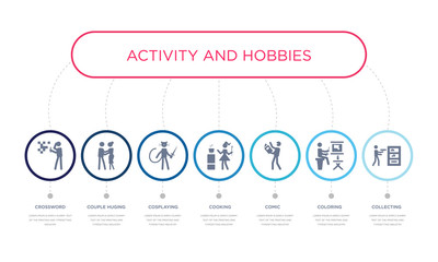 simple illustration set of 7 vector blue icons such as collecting, coloring, comic, _icon4, cosplaying, couple huging, crossword. infographic design with 7 icons pack