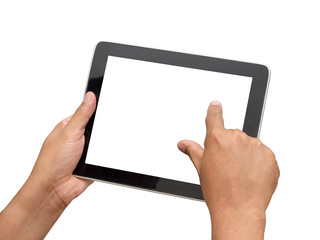 Man holding tablet with white blank screen isolated on white background with clipping path cut out.