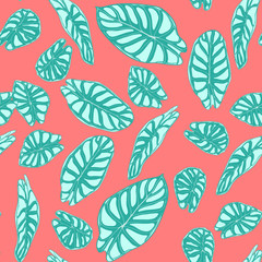 Seamless Jungle Pattern. Vector Tropic Leaves in Watercolor Style. Background with Stylized Plants Alocasia. Handwritten Exotic Foliage. Seamless Tropical Pattern for Textile, Cloth Design, Fabric.
