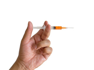 hand holding syringe with orange medicine / drug prepare for injection, isolated on white background