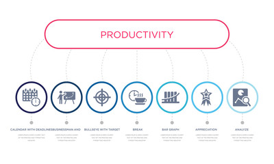 simple illustration set of 7 vector blue icons such as analyze, appreciation, bar graph, _icon4, bullseye with target, businessman and tactics, calendar with deadlines. infographic design with 7