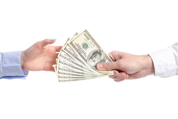 Hand give money dollars to hand on white background isolation