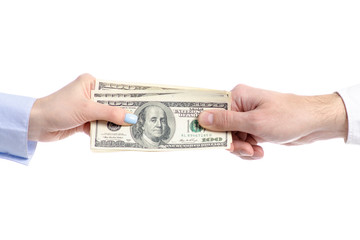 Hand give money dollars to hand on white background isolation