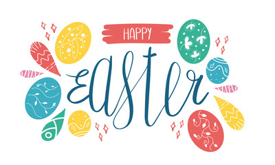 Happy Easter handwriting lettering. Calligraphy, easters eggs and decorative elements. Design for holiday greeting card, invitation, poster, banner or background. Vector illustration 